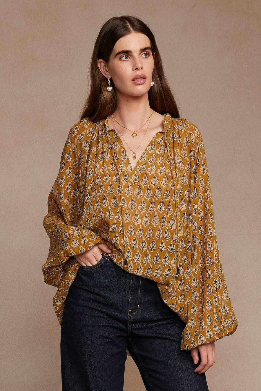 Ready To Wear Chan Luu | Josephine Block Print Blouse Chai Tea