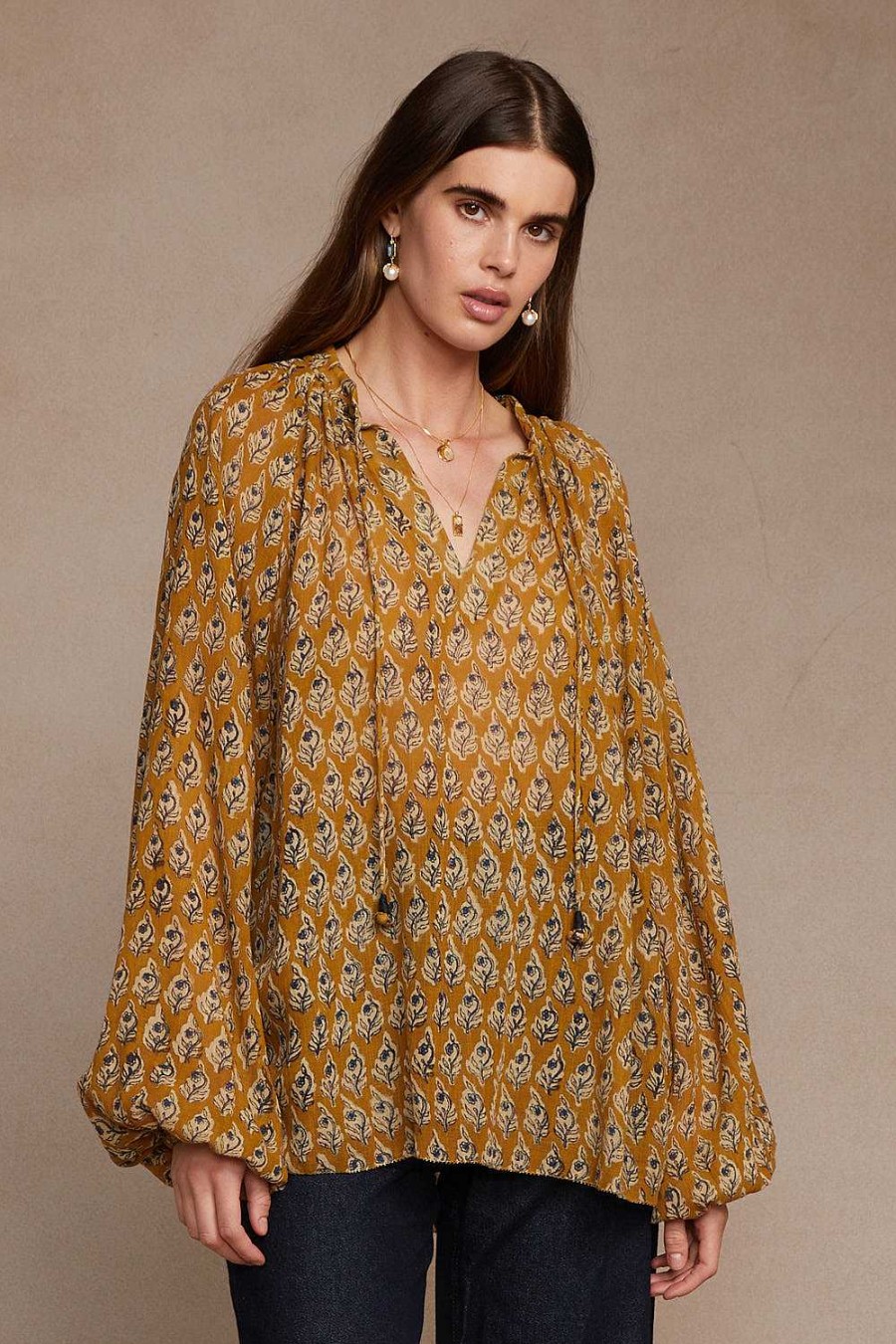 Ready To Wear Chan Luu | Josephine Block Print Blouse Chai Tea