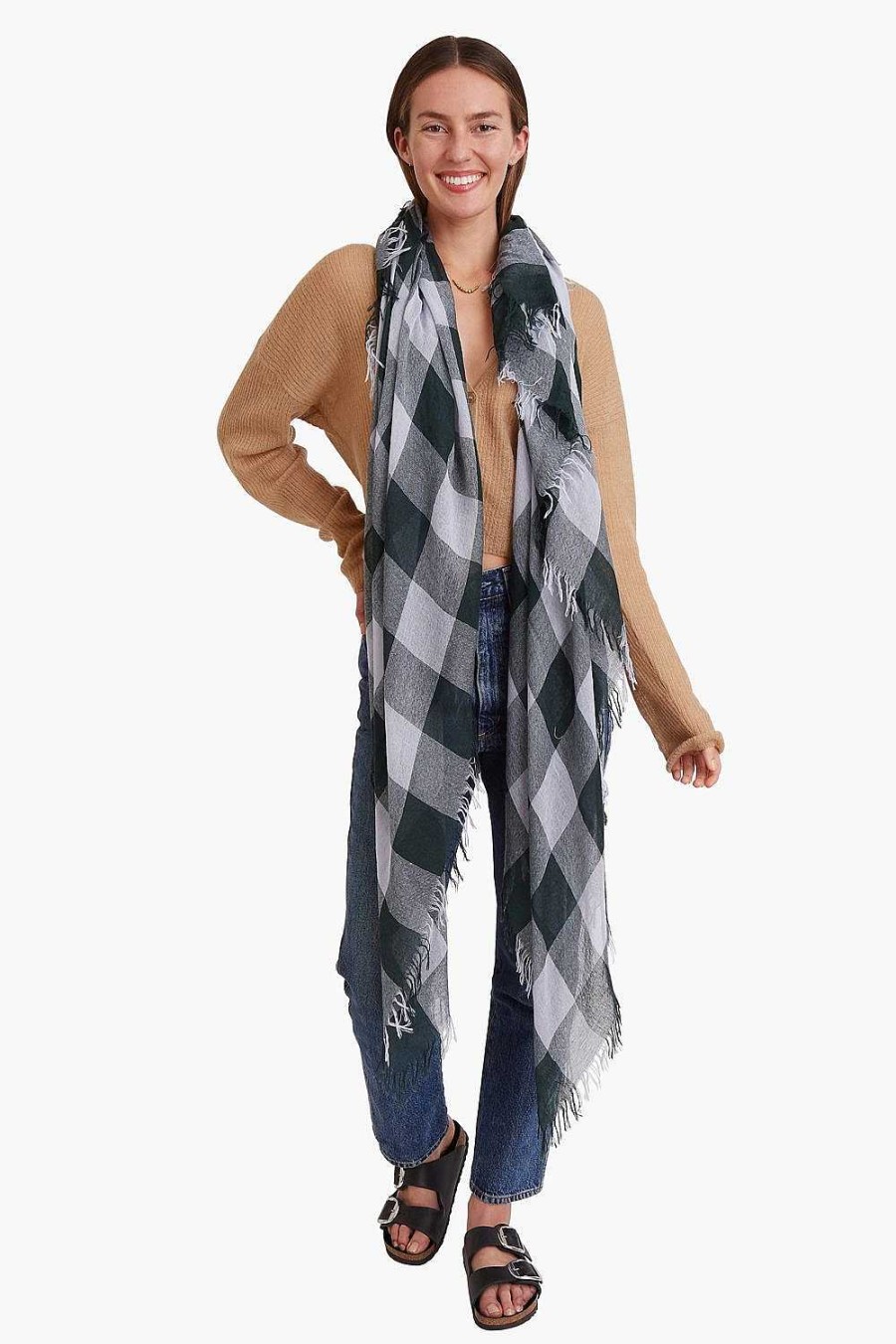 Accessory Chan Luu | Slate Gray And Green Gingham Cashmere And Silk Scarf