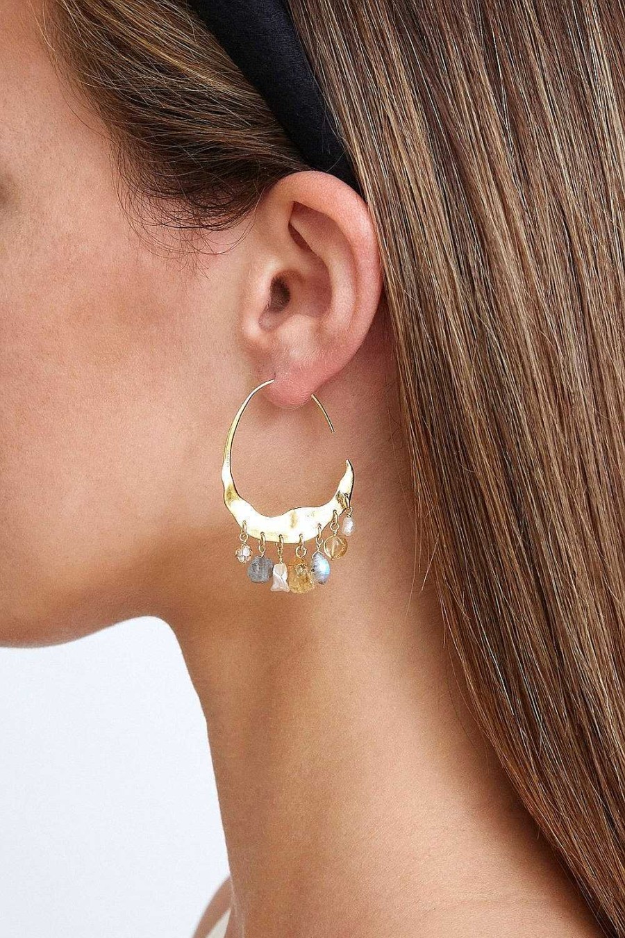 Jewelry Chan Luu | Crescent Cream Pearl And Citrine Mix Gold Hoop Earrings