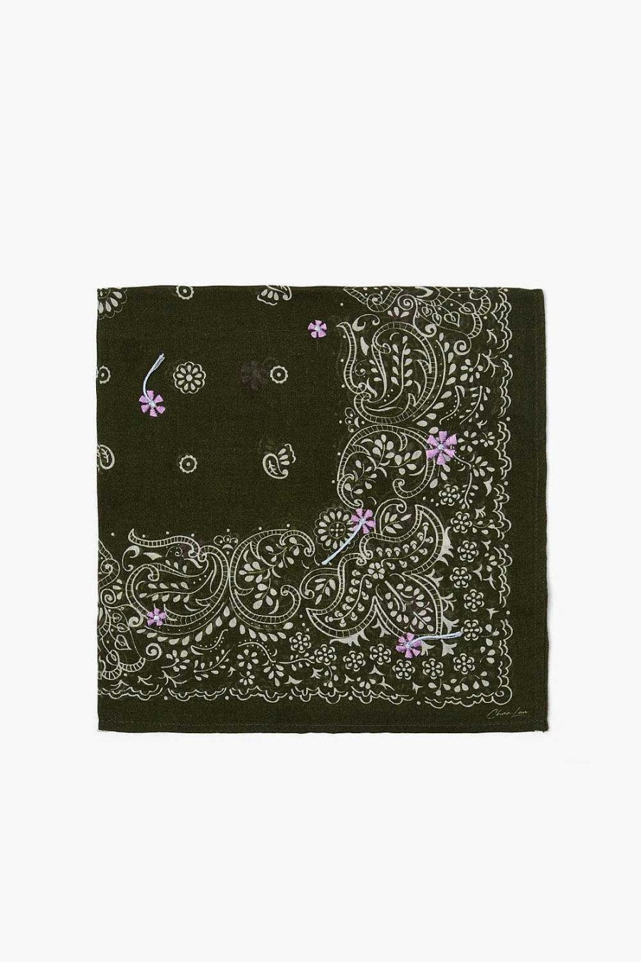 Accessory Chan Luu | Embroidered Paisley Floral Bandana Rifle Green